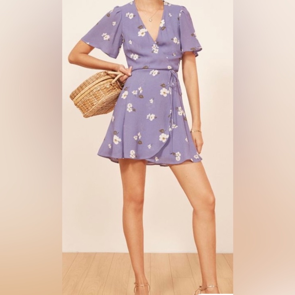 NWT, Reformation "Adele" Mini Wrap Dress w/ Flutter Sleeves in Lilac, Sz XS - Picture 5 of 9